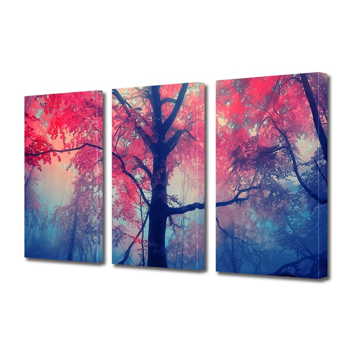 Set Tablouri Multicanvas 3 Piese Peisaj de Toamna cu Culori fantastice in padure, 25 x 45 cm