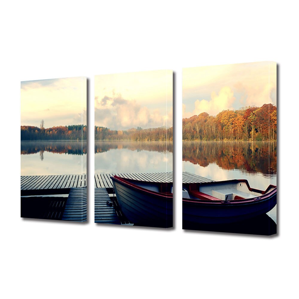 Set Tablouri Multicanvas 3 Piese Peisaj de Toamna cu O plimbare pe lac, 70 x 150 cm