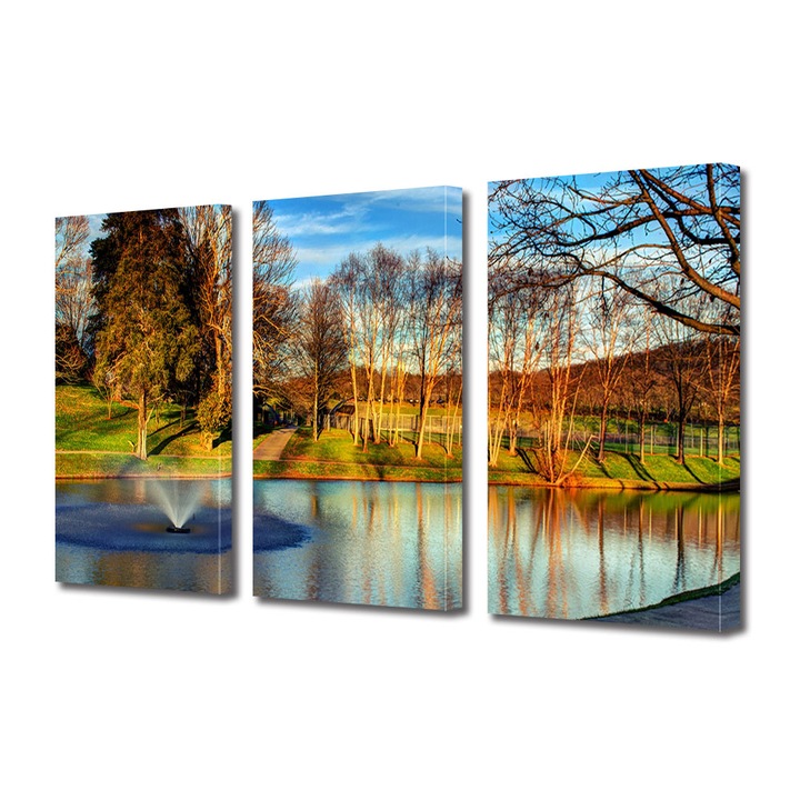 Set Tablouri Multicanvas 3 Piese Peisaj de Toamna cu Lumina calda in parc, 25 x 45 cm