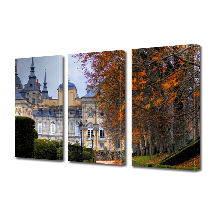 Set Tablouri Multicanvas 3 Piese Peisaj de Toamna cu Conac vechi si alee de copaci, 25 x 45 cm