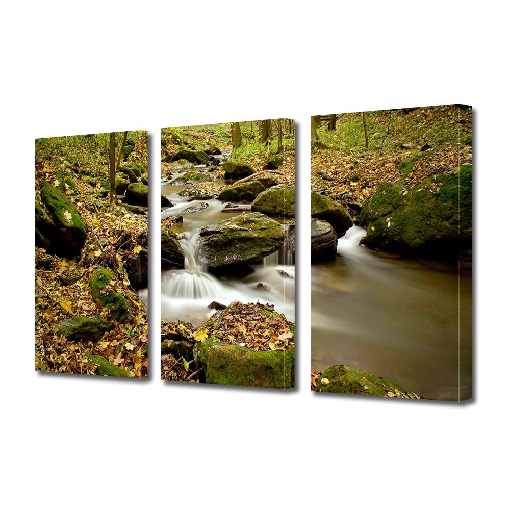 Set Tablouri Multicanvas 3 Piese Peisaj de Toamna cu Apa repede de munte, 70 x 150 cm