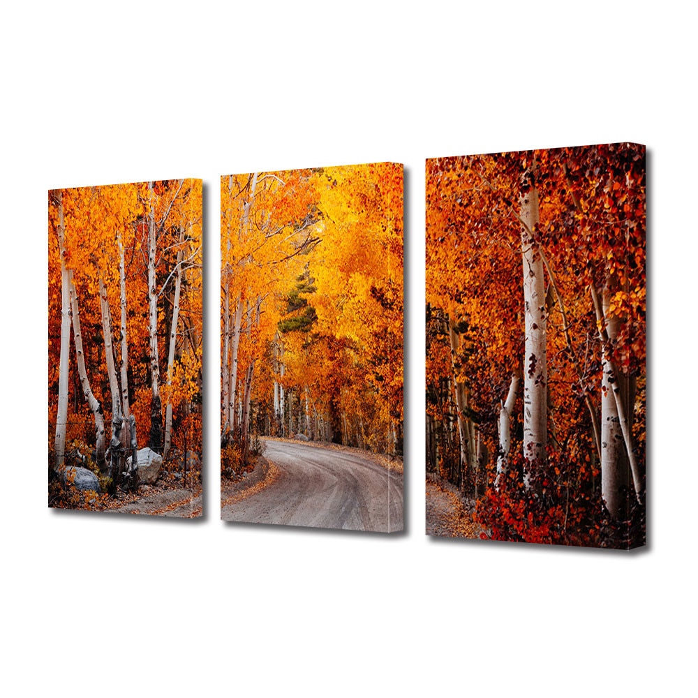 Set Tablouri Multicanvas 3 Piese Peisaj de Toamna cu Mesteceni in culorile toamnei, 60 x 120 cm