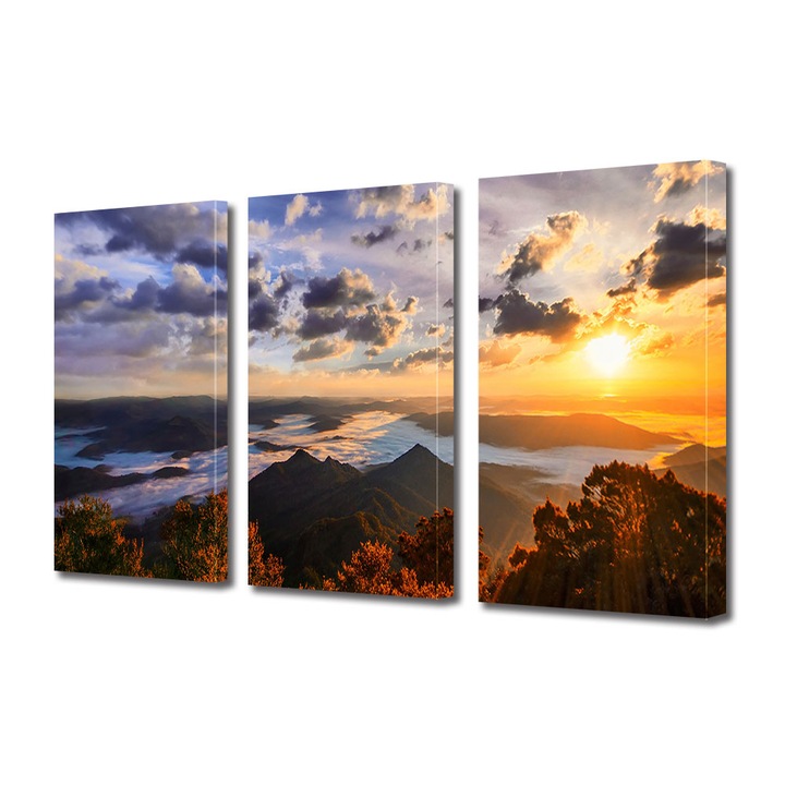 Set Tablouri Multicanvas 3 Piese Peisaj de Toamna cu Razele apusului peste dealuri, 25 x 45 cm