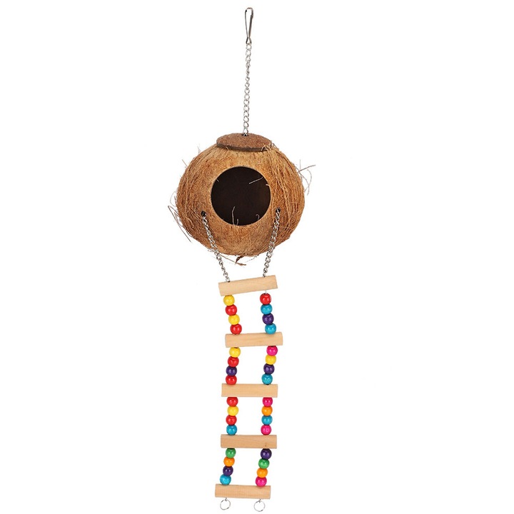 Cuib din coaja de nuca de cocos pentru pasari cu scara, accesorii pentru animale, natural, loc de joaca