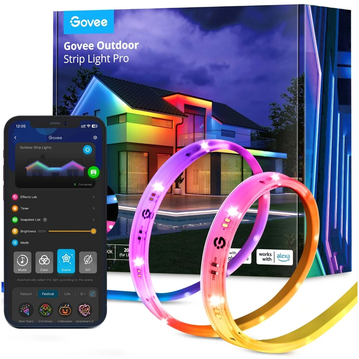 Banda LED RGBICWW inteligenta pentru exterior Profesionala Govee Phantasy H70A1, Wi-Fi, Bluetooth, 36W, 200 lumeni/m, Sincronizare Muzica, IP65, 10m