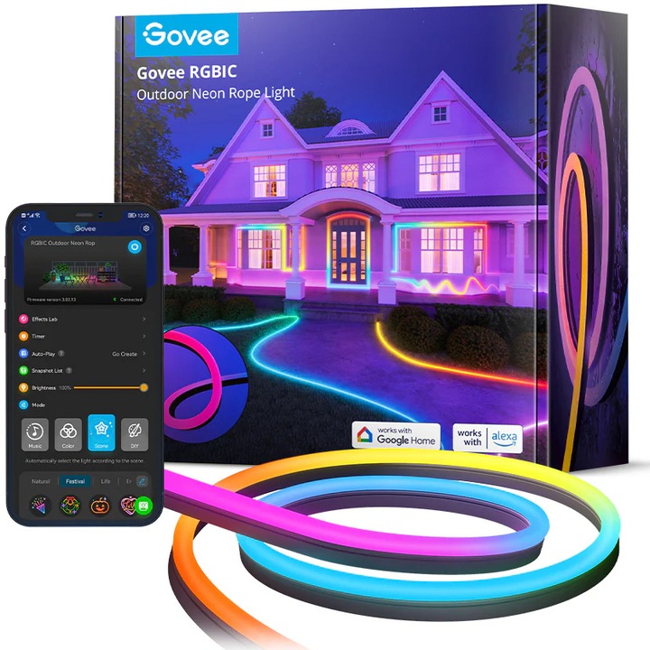 Смарт LED лента RGBIC за външна употреба Govee Neon Rope H61A8, Wi-Fi, Bluetooth, 72W, 1130 lm, Music Sync, IP65, 10m