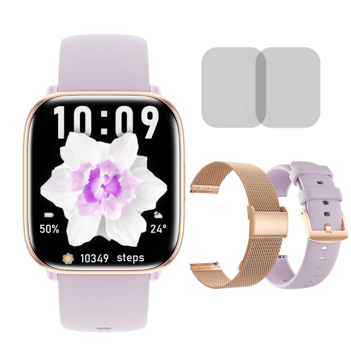 LUMAUDiO® Quantum okosóra, 7 napos autonómia, 1,75" AMOLED kijelző, Bluetooth-hívások, App értesítések, egészségfigyelés, sportolási módok, vízálló, ultravékony kialakítás, univerzális kompatibilitás, 2 szíj + 2 kijelzővédő fólia, lila/arany