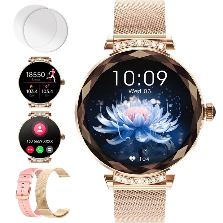 Ceas Smartwatch Dama Xenomo® GRACE, Ceas Fitness Inteligent, Ecran Full HD AMOLED, Notificari Apel/SMS/Social Media, Sporturi Multiple, Muzica si Apel Bluetooth, Monitorizare Somn, Ritm Cardiac, Tensiune Arteriala, 2 Bratari Incluse