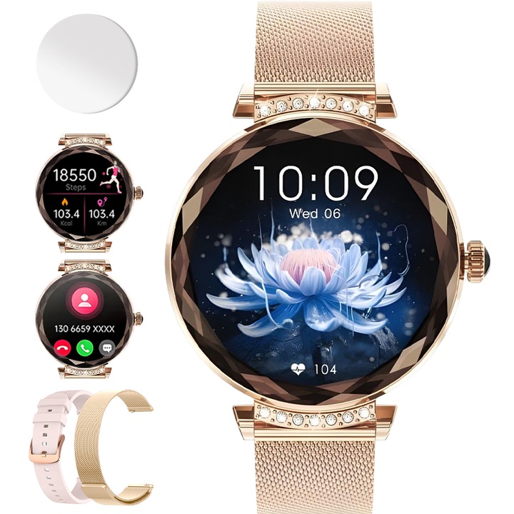 Ceas Smartwatch Dama Xenomo® GRACE, Ceas Fitness Inteligent, Ecran Full HD AMOLED, Notificari Apel/SMS/Social Media, Sporturi Multiple, Muzica si Apel Bluetooth, Monitorizare Somn, Ritm Cardiac, Tensiune Arteriala, 2 Bratari Incluse