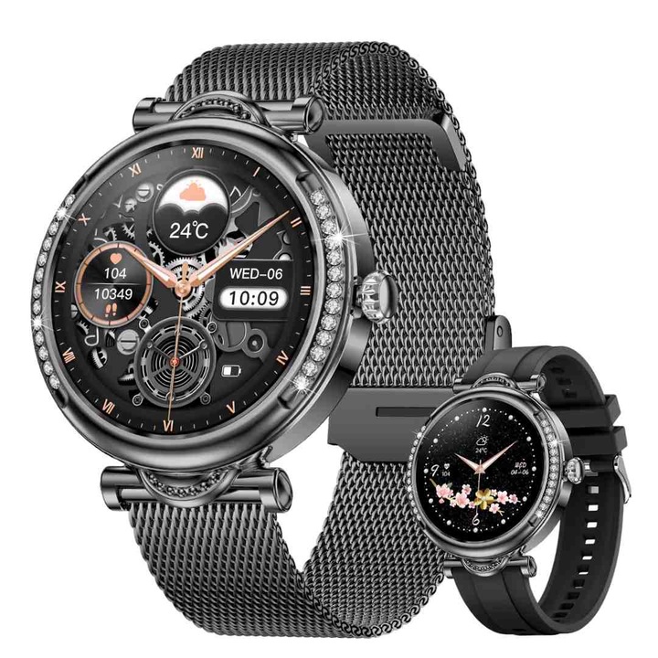 Дамски смарт часовник LUMAUDiO® Infinity, елегантен дизайн с циркониеви камъни, Bluetooth разговори, известия в социалните медии, 7 дни живот на батерията, мониторинг на здравето, 1,27" екран, меню на румънски, 2 каишки, черен