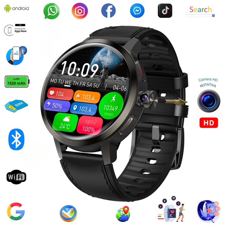 Ceas Smartwatch Phoenix Rinascente, Ecran Super AMOLED Retina 1.75", Rezolutie 466x466, Baterie 1520mAh, Camera HD Rotativa, Quad-Core, 2GB RAM+16GB, NFC, Bluetooth, GPS, Wi-Fi, 4G Nano SIM, Monitorizare Puls, Oxigen, IP68 Waterproof, Android 8.1, Negru