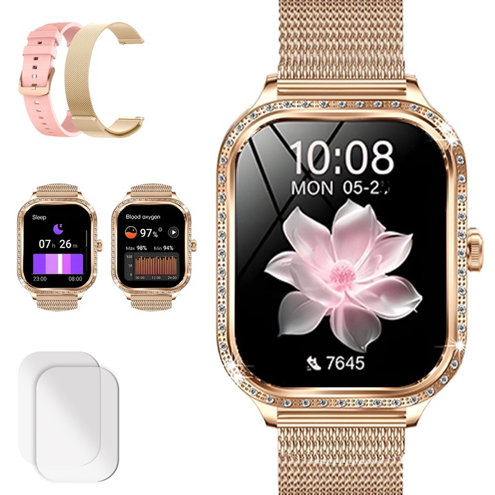 Ceas Smartwatch Dama Xenomo® PEARL, Ceas Fitness Inteligent, Ecran FULL HD, Notificari Apeluri/SMS/Social Media, 130 Sporturi, Monitorizare Ritm Cardiac, Tensiune Arteriala, Somn, SpO2, Rezistent la Apa. 2 Curele Incluse