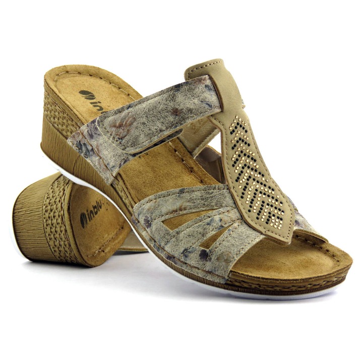 Női papucs INBLU, bézs, eco-bőr, természetes bőr talpbetét, állítható pánt