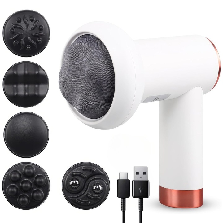 Aparat Profesional de Masaj Anticelulitic Velixo®, 5 Capete Interschimbabile, 6 Trepte de Intensitate, 3200 rpm, Remodelare Corporala, Relaxare, Tonifiere, pentru Gat, Spate, Umeri, Picioare, Abdomen, Cablu USB-C Inclus, Alb