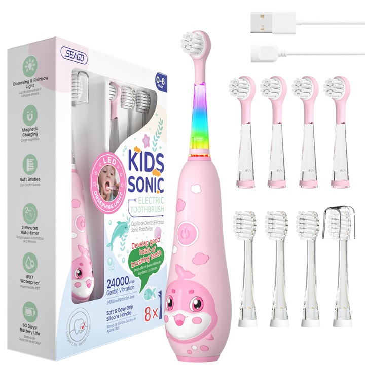 Periuta Dinti Electrica Sonica, Danesso®, Pentru Bebelusi si Copii, 24.000 Pulsatii / Min, 8 Capete Moi Periaj, 3 Programe, Lumini LED Multicolore, Waterproof, Material Anti-alunecare, Timer, Reminder, Lumina LED, Incarcator Magnetic, 0-6 Ani, Roz
