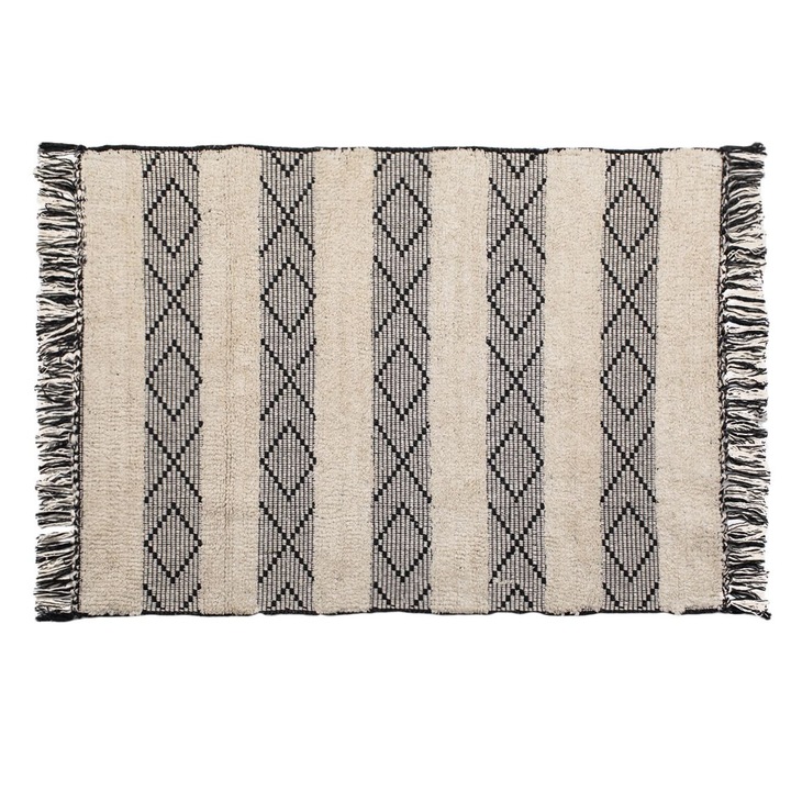 Dekoratív téli szőnyeg bézs fekete pamut színben, csíkokkal és rojtokkal 110x80 cm