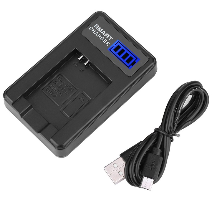 Incarcator baterie camera cu afisaj LCD, negru, USB, compact