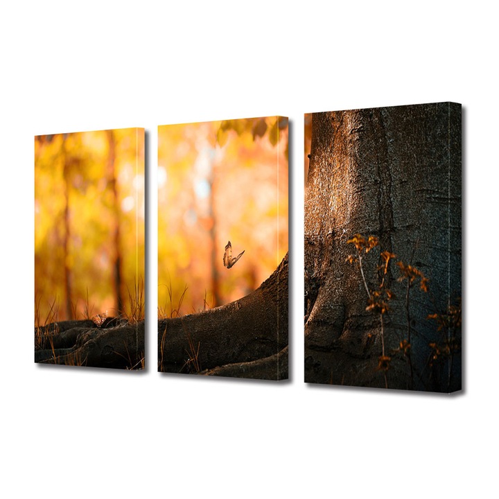 Set Tablouri Multicanvas 3 Piese Peisaj de Toamna cu Fluture in zbor langa copac, 100 x 210 cm