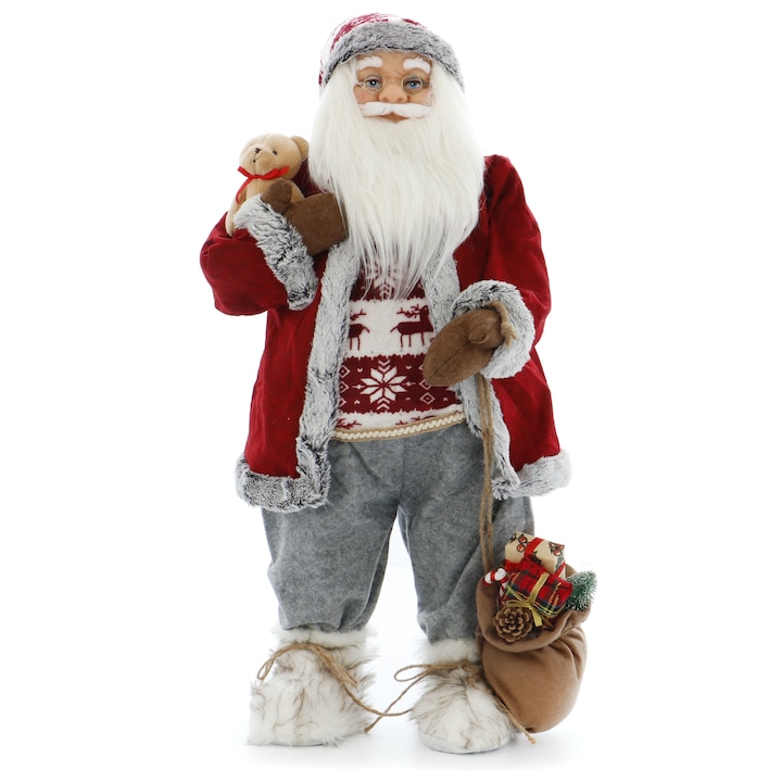 Figurina Mos Craciun Kring Bear, cu ursulet si sac de cadouri, 60 cm, Rosu/Gri