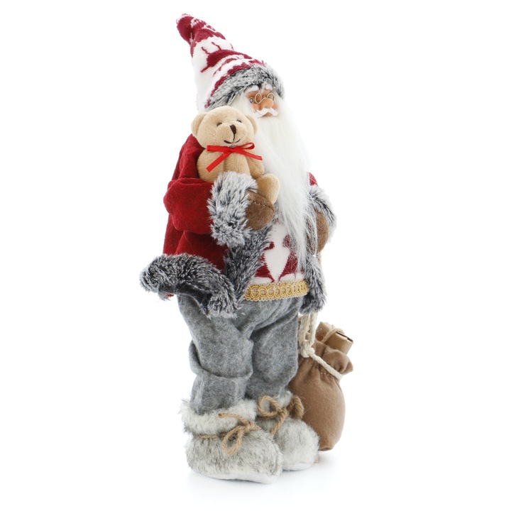 Figurina Mos Craciun Kring, cu ursulet si sac de cadouri, 30 cm, Rosu / Gri