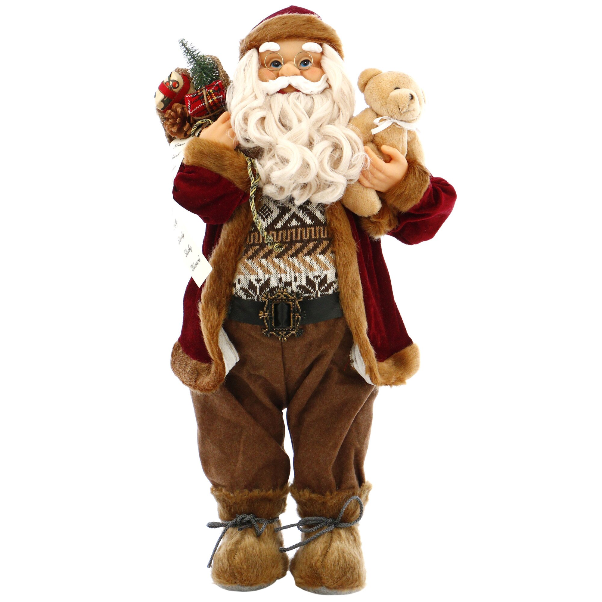 Mos Craciun Kring, ursulet si sac de cadouri, vesta catifea, 79 cm, Rosu / Maro