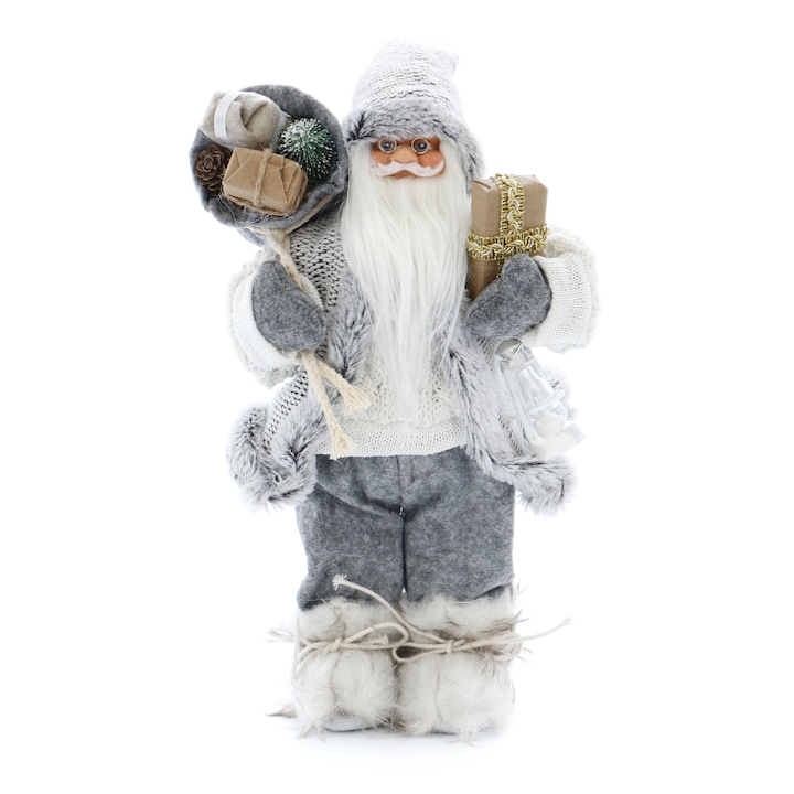 Figurina Mos Craciun Kring, cu vesta gri si sac de cadouri, 30 cm, Gri/Alb
