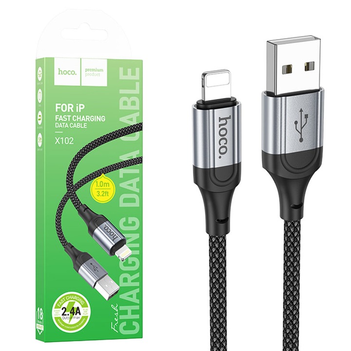 Cablu Date si Incarcare Hoco (X102), USB-A la Lightning, 2.4A, Braided, 1.2m, Black