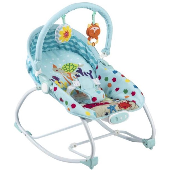 Scaunel balansoar multifunctional pentru bebelusi, cu bara de jucarii detasabila, ham de siguranta in 3 puncte, spatar reglabil in 2 pozitii si functie de vibratii, 50 x 30 x 8 cm, Marine Life