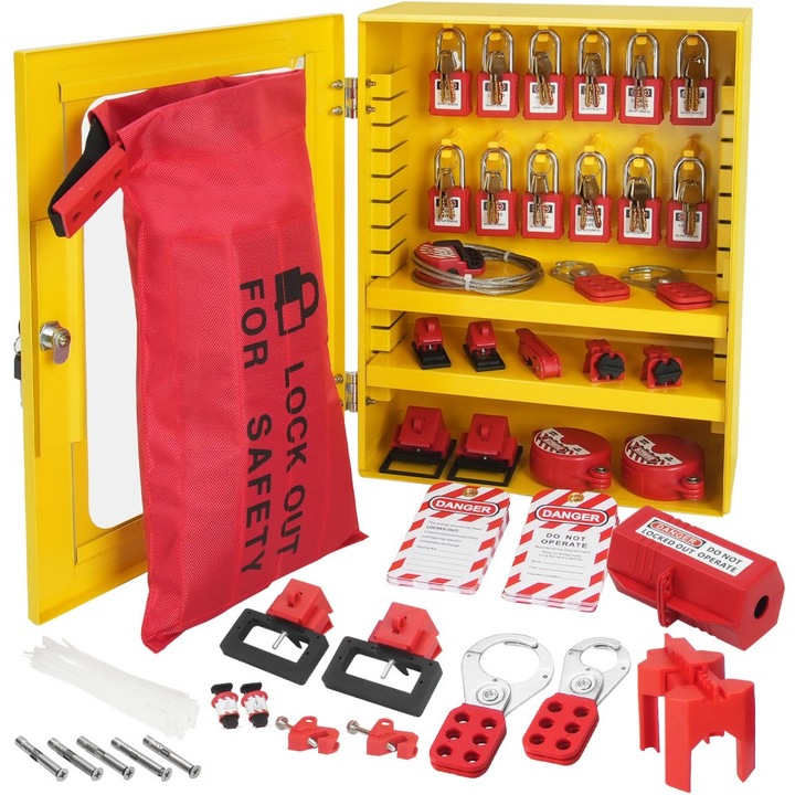Kit pentru etichetare blocare electrica, 59 Piese, Statie etichetare cu Lacate, Blocarea Prizelor/Intreruptoarelor/Supapelor/Cablurilor, Include Punga si Cutie