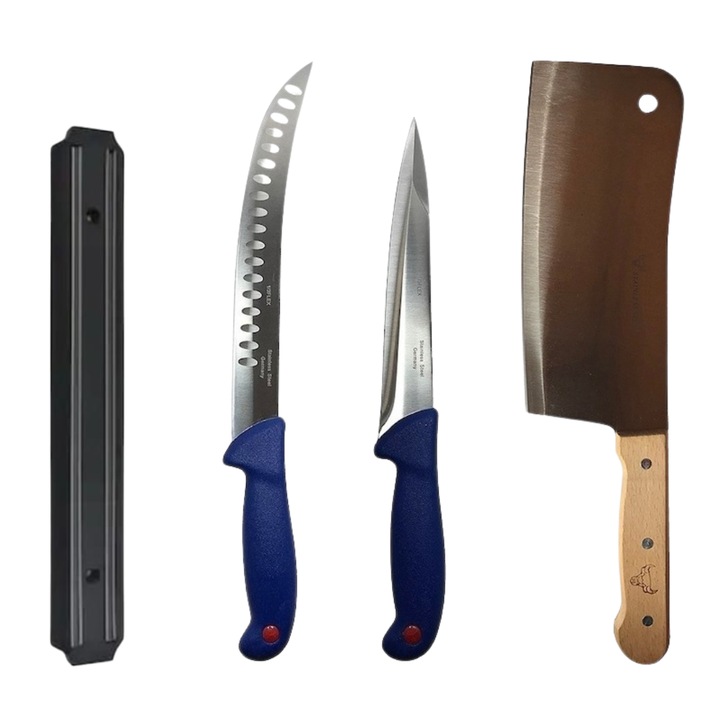 Set profesional de macelarie, 2 cutite otel carbon, injunghiat, transat, degresat, satar, suport magnetic, Dactylion®