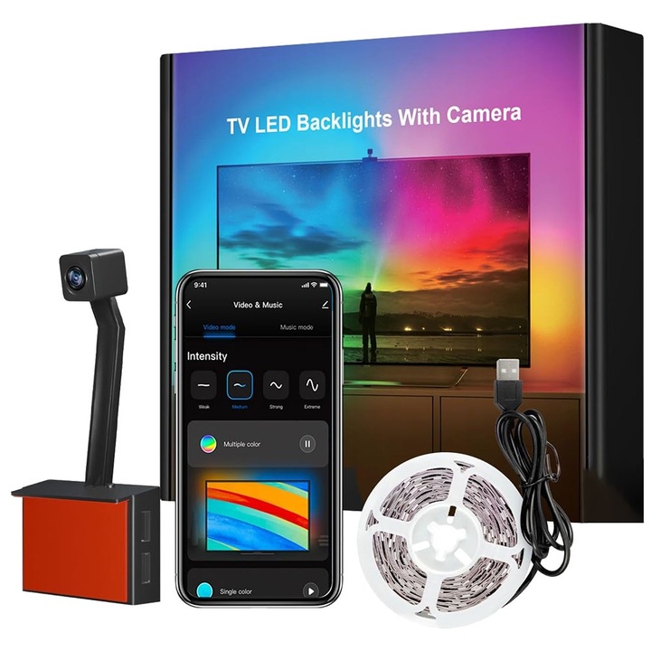 RGBIC LED лента с 1080p видеокамера за TV, NEXTLY, управление чрез Tuya Smart приложение, видео и аудио синхронизация, множество режими, 5050 LED, цветен сензор, таймер, съвместим с 55-65 инча (138-165 см) телевизор