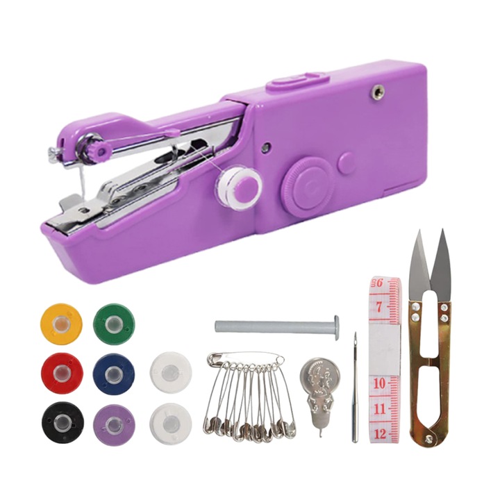 Masina de cusut electrica portabila Zeaicos, set unelte inclus, violet, dimensiuni compacte
