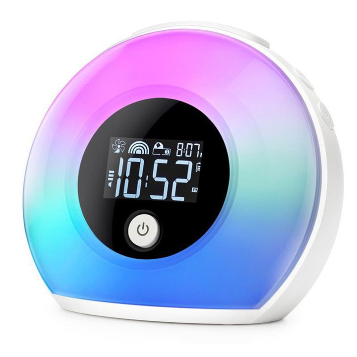 Digitális asztali óra napfelkelte szimulációval, Enforose, éjjeli lámpa többszínű fénymódokkal, 4 fényerősségi szint