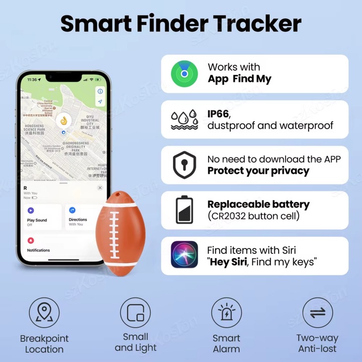AirTag съвместим iOS Apple Find My, модел на топка за ръгби, тракер ...