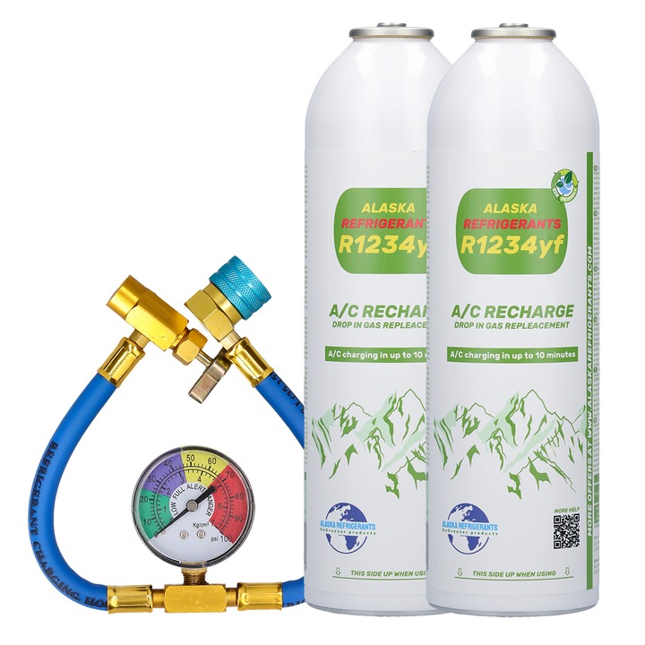 Incarcare dubla, Alaska Refrigerants R1234yf - umplere cu gaz pentru aer conditionat, furtun si manometru (Spray de curatare a sistemului de aer conditionat cadou)