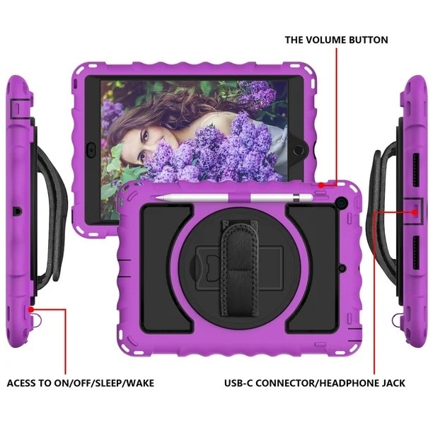 Husa Sigloo, pentru tableta Apple iPad 9th/8th/7th Gen (2021/2020/2019) – Protectie completa, stand, curea umar, suport pen, Violet