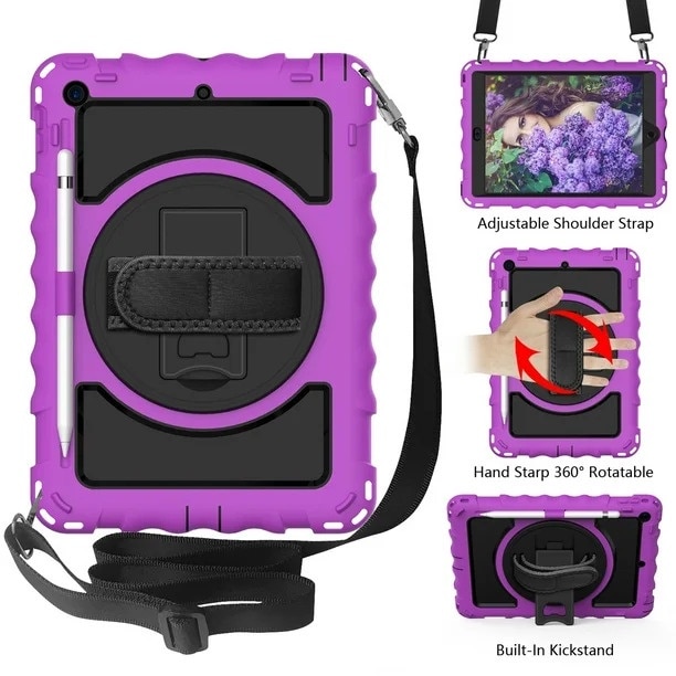 Husa Sigloo, pentru tableta Apple iPad 9th/8th/7th Gen (2021/2020/2019) – Protectie completa, stand, curea umar, suport pen, Violet