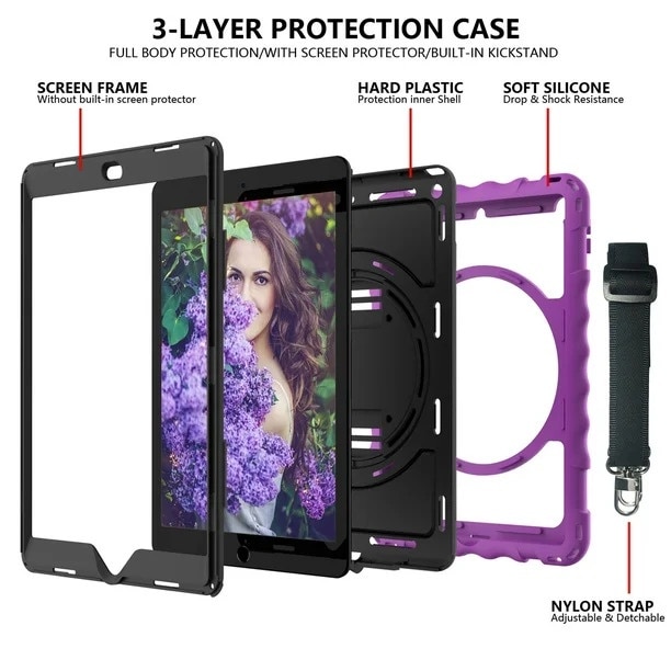 Husa Sigloo, pentru tableta Apple iPad 9th/8th/7th Gen (2021/2020/2019) – Protectie completa, stand, curea umar, suport pen, Violet
