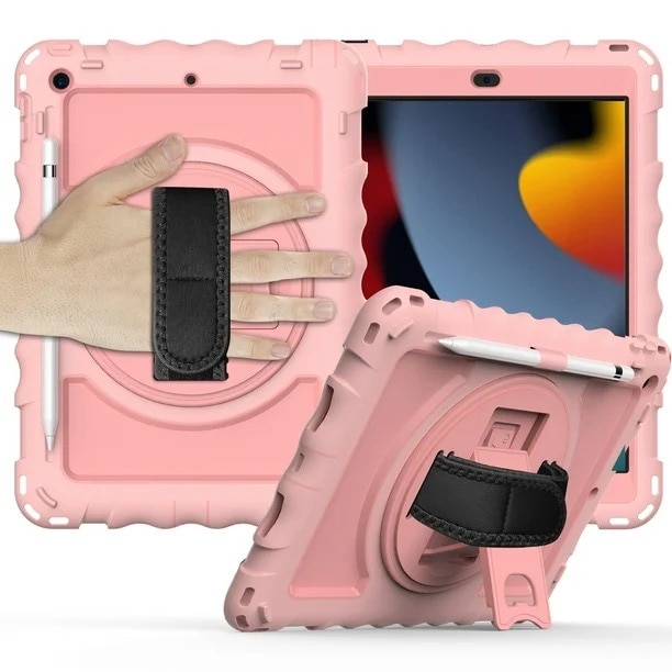 Husa Sigloo, pentru tableta Apple iPad 9th/8th/7th Gen (2021/2020/2019) – Protectie completa, stand, curea umar, suport pen, Roz