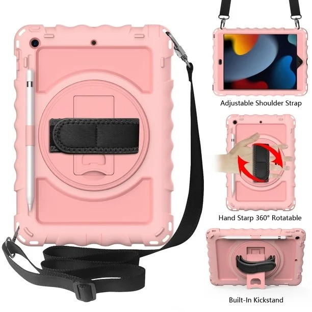 Husa Sigloo, pentru tableta Apple iPad 9th/8th/7th Gen (2021/2020/2019) – Protectie completa, stand, curea umar, suport pen, Roz