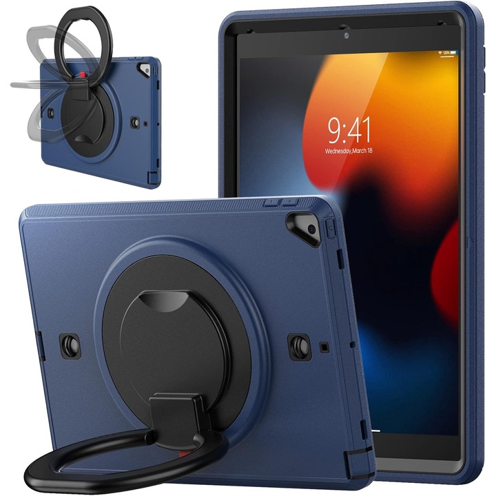 Sigloo 360° teljes csomag: ütésálló páncéltok + integrált képernyővédő fólia iPad 9/8/7 (2021/2020/2019) 10,2 hüvelykes, forgatható állvánnyal, sötétkék