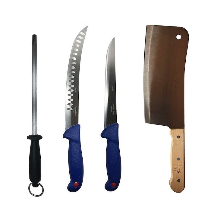 Set profesional de macelarie, filetat transat, degresat, feliat, 2 cutite, satar, masat pentru ascutit, Dactylion®