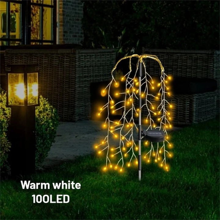 Lampa solara de gradina YANYXR 100 LED, decor floral, alb, 30x10cm