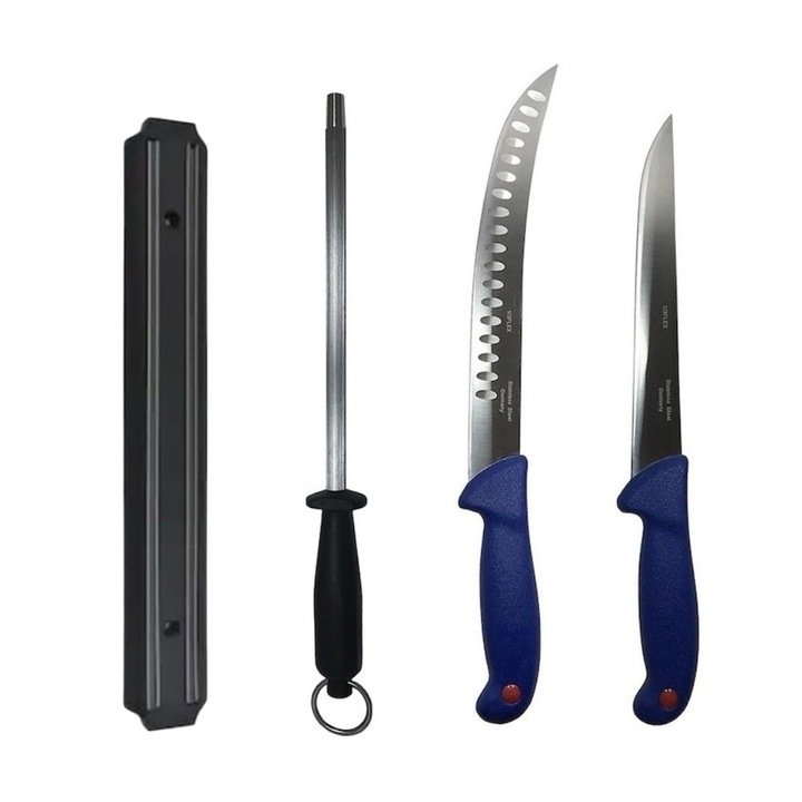 Set profesional de macelarie, filetat transat, degresat, feliat, 2 cutite, suport magnetic, masat pentru ascutit, Dactylion®