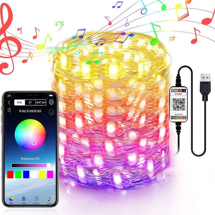 LED Коледна инсталация 5м 50LED, управление чрез приложение, многоцветна, водоустойчива