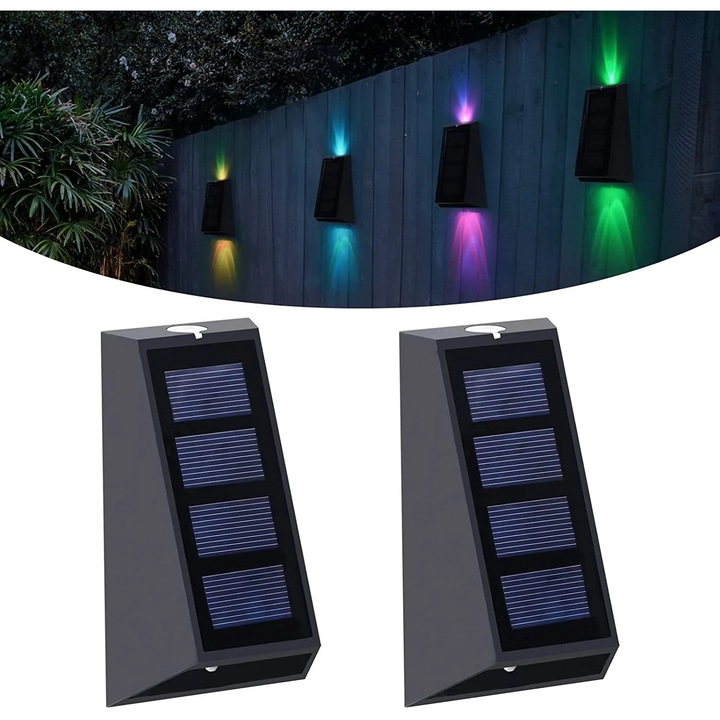 Комплект от 2 соларни аплика, LED, водоустойчиви, 7 RGB цвята, за градина, тераса, двор, черен цвят