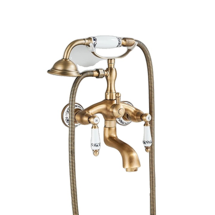 Baterie sanitara pentru cada, finisaj periat, control dual, alama antica, set cu dus.