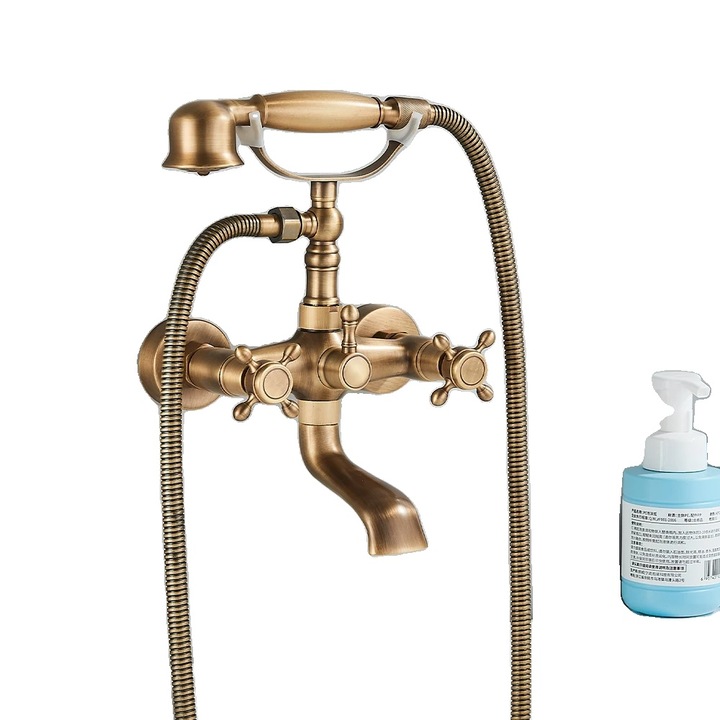 Baterie sanitara pentru cada, finisaj periat, control dual, alama antica, cu dus de mana