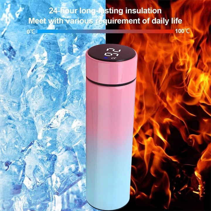 Cana termos YANYXR 500ML izolatie inox roz albastru display temperatura tactile 20x6.5cm