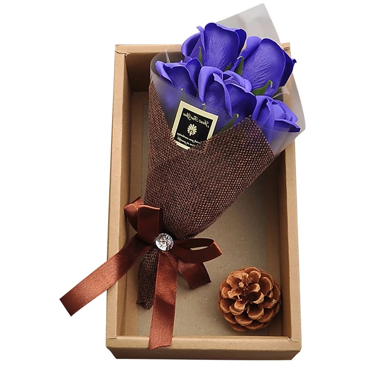 Buchet artificial 5 trandafiri, decorare pentru ziua mamei, set cu cutie cadou, multicolor, 25cm